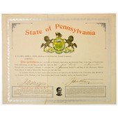 State of Pennsylvania placard certificate issued to a DELEGATE, 1900 Democratic National Convention