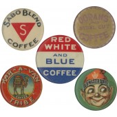 Group of 5 COFFEE brands pinbacks