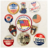 Patriotic pinbacks, pins, tobacco tag 1900-1940's