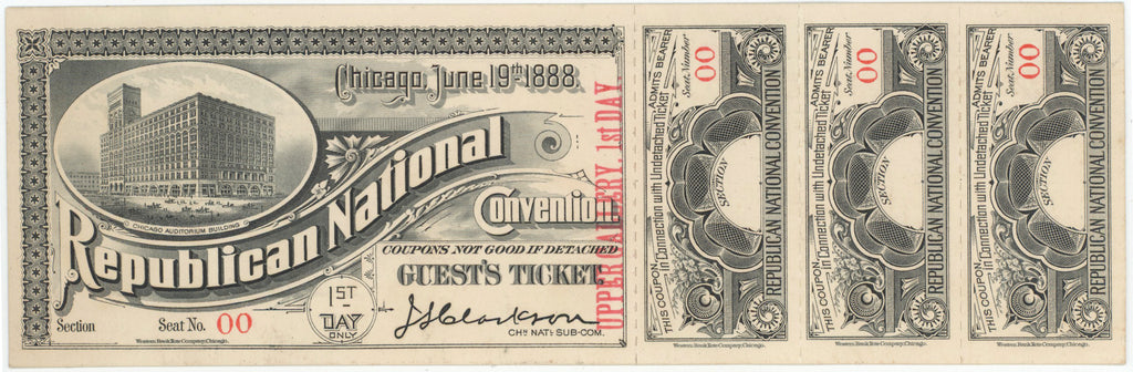 Chicago 1888 Republican National Convention GUEST'S TICKET