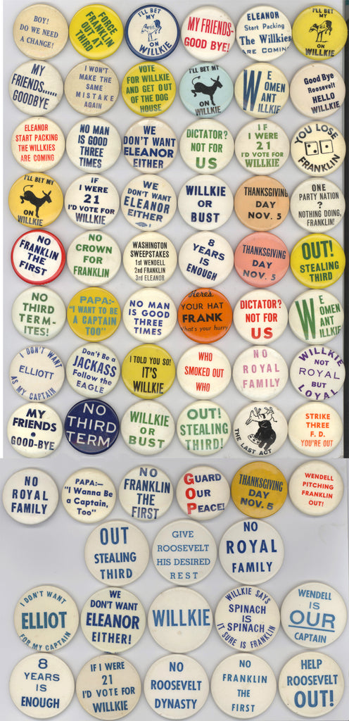 Collection of 67 different Willkie slogan buttons