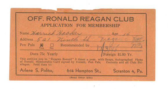 OFF. RONALD REAGAN CLUB APPLICATION FOR MEMBERSHIP (1945)